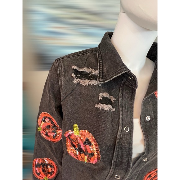 sequin pumpkin distressed denim top M L XL - Picture 7 of 10